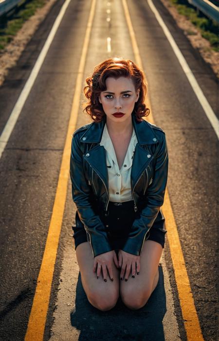 a sad woman,top-down view,Toll road,romanticism art full body shot art stylized by Gil Elvgren Ross Tran Cyberpop strong lighting F 1.8 extremely Disgusting,Alex Timmermans,Cold Lighting,8k,Fujicolor C200,Indirect light