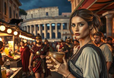 Setting is a 1st century Roman Empire market in Rome at night, the market is comprised of street vendors selling, food, weapons, and clothing. Everyone and everything in the image is appropriate for a scene from Ancient Rome, People wearing Roman clothing are walking through the street market shopping and eating, in the foreground is a merchant selling beverages and food at a market kiosk, (((a beautiful woman, 24 years old is standing in the foreground, the woman  facing the viewer with a clay goblet of wine in her hand. Her eyes are beautiful and focused on the viewer, she has an expression of interested curiosity))), Roman Soldiers are walking behind the beautiful woman, one of the solders turns to look at the beautiful woman, many people are walking by in the busy street market, the woman is dressed in high fashion Roman Empire clothing with an alluringly sexual, but traditional roman aesthetic. The woman's hair is elegantly tied up with a ribbon. Artistic ancient Roman aesthetic, dynamic perspective, (((overall architectural aesthetic is Ancient Rome in 1st Century Roman Empire era))).  Epic image that elicits a feeling of wonder and awe, Rome Coliseum Roman Forum architecture in background, a sleek black cat is visible sitting on a kiosk roof in the background,