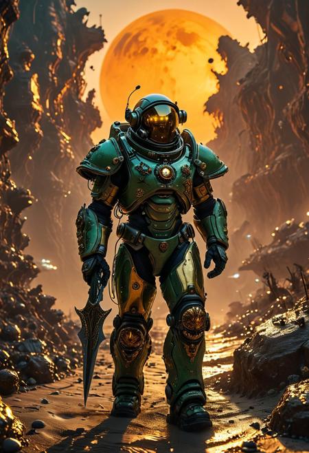 This 4K photograph captures a cinematic scene featuring a powerful human astronaut, reminiscent of Buzz Lightyear, wearing massive and heavy armor inspired by Warhammer 40k. The armor is gray and gold, with glowing green magic elements. The astronaut dons a glass bubble helmet and is adorned with intricate, cinematic lighting and color grading.
The scene is set on a dark, moody rocky alien planet, where the astronaut is casting a spell. The armor is extremely detailed, showcasing the influence of Adeptus Mechanicus. The astronaut walks through a sandstorm, carrying a small sword and displaying detailed textures. The photograph is captured using Fuji Cinestill film, evoking the warm hues of a sunset.