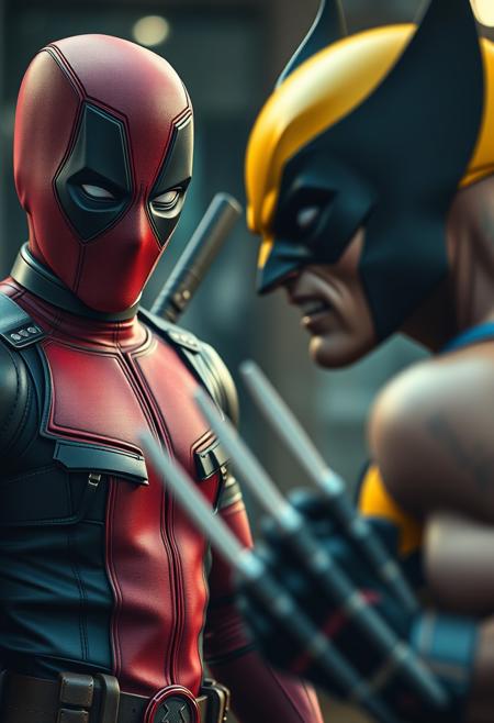 Deadpool and Wolverine, cinematic, 4k, depth of field