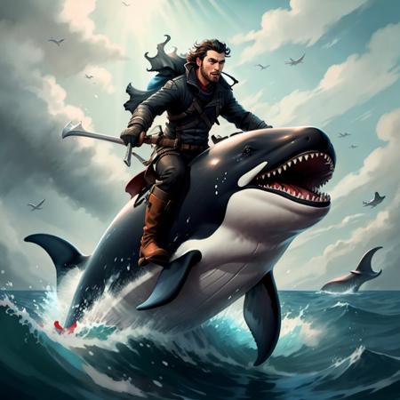 a warrior riding on a killer whale  <lora:riding_a:0.7>