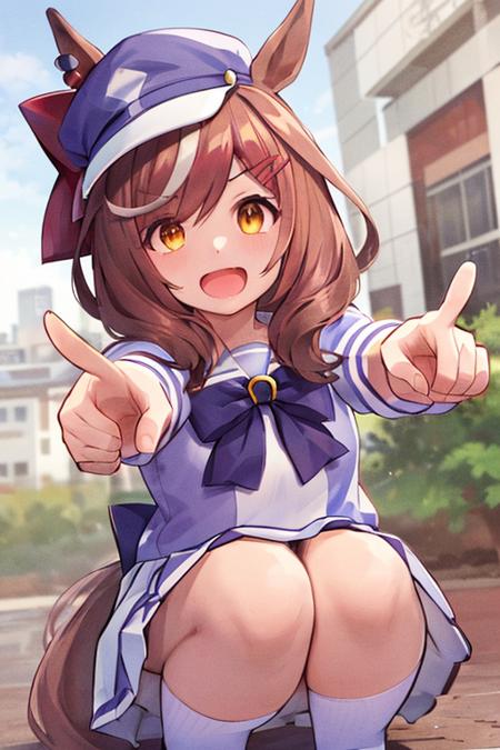 masterpiece,best quality,solo,1girl,matikanetannhauser\(umamusume\),(tracen school uniform),school uniform,(red hairbow:1.3),(red ribbon:1.3),cabbie hat,white skirt,sailor collar, open mouth,pointing at viewer,squatting,ground