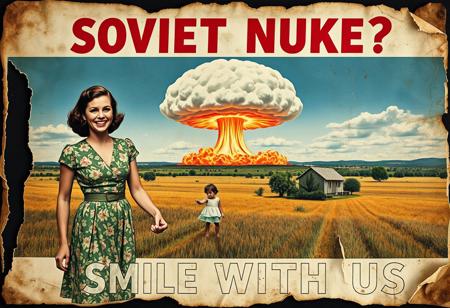 “A decayed, vintage-style poster from 1957, weathered and torn, depicting a surreal American country scene. The faded image shows a woman in a floral-patterned 1950s dress holding her young daughter’s hand, her wide, mad smile radiating an eerie charm. In the far background, a massive nuclear mushroom cloud dominates the sky, with fiery orange fireballs at its base and visible blast waves rippling through the landscape. The poster’s bold text, ‘SOVIET NUKE?’ across the upper section and ‘SMILE WITH US’ in the lower section, is faded, smeared, and inked with scribbles and stains. The paper appears rotten, with tears, creases, and discolored edges, evoking a haunting sense of abandonment and decay, adding to the unsettling atmosphere of the piece.”