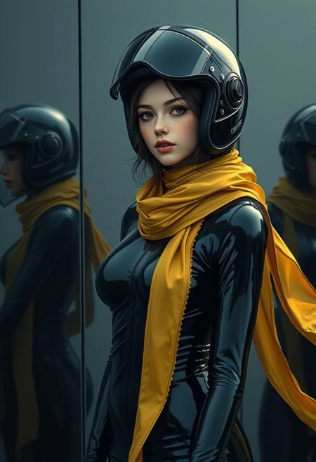 concept art Girl in black thin, oily latex, black motorcycle helmet, black glass on helmet, , yellow silk long scarf, sexy, dynamics. Black mirrors in the background, reflections.
<lora:aidmaMJ6.1v0.4:1> aidmaMJ6.1 <lora:last:1> . digital artwork, illustrative, painterly, matte painting, highly detailed