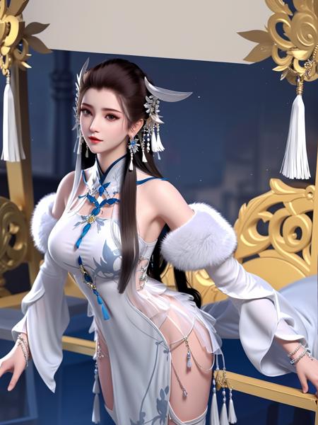 long hair, dress,silver earrings, bare shoulders, jewelry, detached sleeves, chinese clothes, standing,tassel,white tassel earrings, thigh boots, fur trim,blue choker, cityscape, night,looking at viewer, mature female,hair ornament, sitting,chair,natural pose,  <lora:CFyyyXG_20230718200648:0.75>