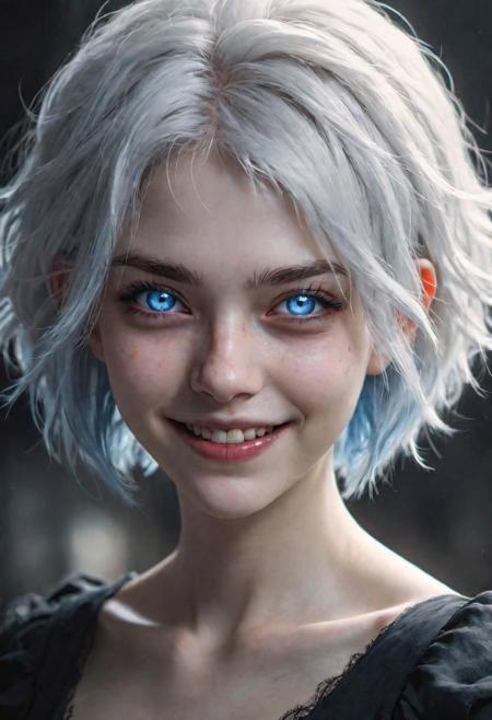 (masterpiece), 
1girl,
evil, demonic, 
dark ambiant,
white hair, blue eyes, floating hair, short hair,
upper body shot, 
HDR, highly detailed, 32k, 
(evil smiling) mood, 
perfect face feature,