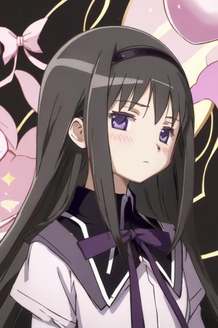 best quality, masterpiece, highres, solo, {akemi_homura_puellamagimadokamagica:1.15}, black_hair, long_hair, hairband, purple_eyes, blush, 1girl, looking_at_viewer, magical_girl, portrait, black_hairband