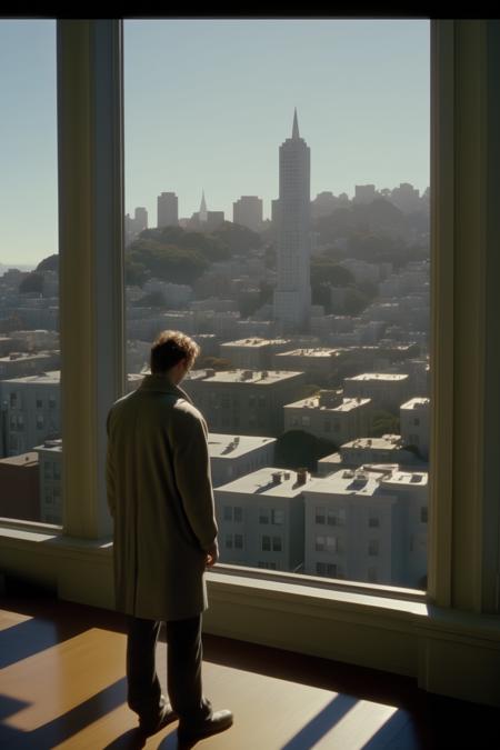 <lora:Director Darren Aronofsky style:1>Director Darren Aronofsky style - Film still from a thriller, over the shoulder shot of an hacker looking down to san francisco from his appartment, atmospheric lighting, midday with bright sunshine, in the style of photorealist, precise, detailed architecture, precisionism influence, grey academia, life in san francisco city, high tech, y2k aesthetic, realistic anamorphic art layered translucency, shot on ARRI Alexa with Panavision  Prime lenses