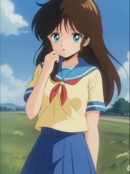 <lora:NonomuraAmi_BeMybaby_Ver2:0.8> NonomuraAmi, brown_hair,  blue_eyes,  bangs, brown_black_hair, long hair, cowboy Shot, 
1girl, solo, school uniform, skirt, blue sky,
1980s \(style\), anime, anime_screencap, animated gif, mp4 ,video, animated, 
retro artstyle,