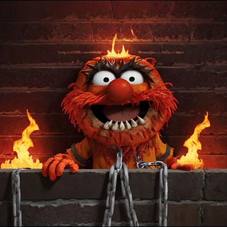 ((( a man in hell chained to a wall, flames and lava in background))) <lora:TheAnimalLoRA:0.8> theanimal, red hair, spiky teeth, bushy eyebrows, red full beard, collar with spikes, wristband with chains