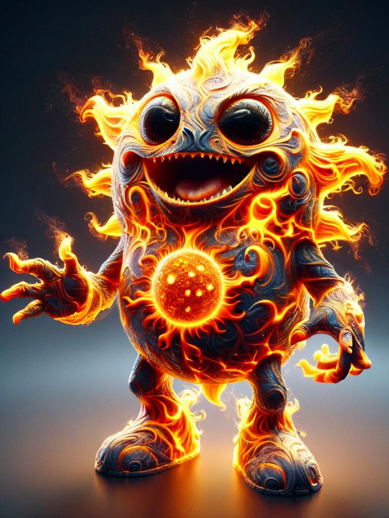 An animated fire-based monster with a large sun in its chest.