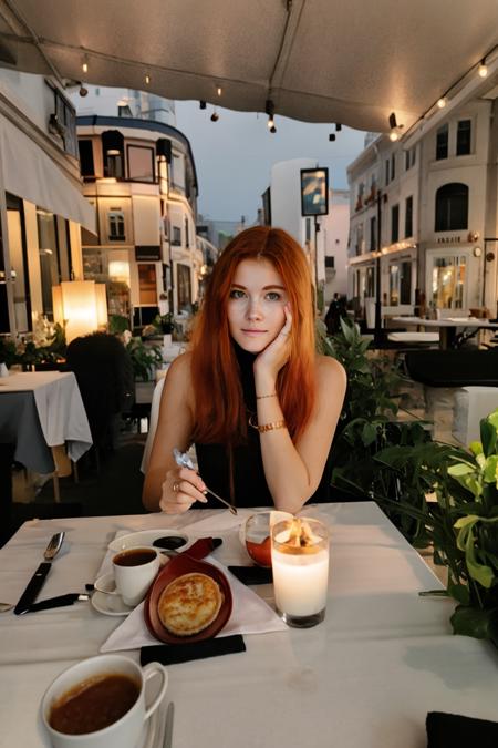 wo_heidi02, 19 years old, small breasts, sitting, beautiful face, sleeveless red turtleneck, fine restaurant,  <lora:woHeidi02:1>