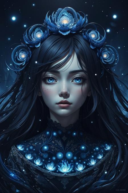 (fractal art:1.3), psychedelic art, (1girl), portrait, abstract art, style of Yuko Shimizu, style of Claude Monet, (dark theme:1.2), dark blue theme, deep blue aesthetic, (glowing blue:1.2), (sad, somber, depressing:0.6), stars, (fireflies:1.1), hair ornament, flowers