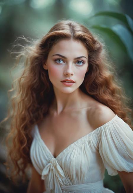 romantic facial portrait of the most beautiful glamour model ever, prim 20 year old woman, elegant long hair, highlights, (realistic skin details:1.2), blurry and out of focus in the background the washed-out colors of Cascade Saint Maurin and Pirates of the Caribbean as mere faint lights, photography by tony kelly and (george hoyningen-huene:0.7), cirque du' soleil meets edenic paradise, (face focus:1.2), award-winning avant-garde composition, sense of depth, blurry background, f1, blurry foregound, kodak portra photography, incredibly lifelike, subtle emergence of hedonsim, castaway survivor, (sexualized:0.2), (large breasts:0.3), vignette, romanticized, dramatic elegance, timeless beauty standard