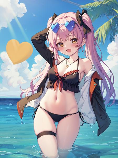 1girl, houshou marine, swimsuit, breasts, virtual youtuber, bikini, solo, heart-shaped eyewear, twintails, yellow eyes, sunglasses, red hair, heart, jewelry, red eyes, heterochromia, eyewear on head, long hair, navel, red bikini, jacket, necklace, smile, water, wading, looking at viewer, black jacket, outdoors, sky, open mouth, blue sky, day, earrings, thigh strap, cleavage, hair ribbon, ribbon, :d, cloud, large breasts, open clothes, black ribbon, off shoulder, open jacket, wet, blush, bangs, long sleeves, v, stomach, sunlight, arm up, heart necklace, teeth, bare shoulders, cowboy shot, ocean, heart earrings, thigh gap, collarbone, upper teeth only, string bikini, halterneck, hand on eyewear, standing, tinted eyewear, lens flare, medium breasts, armpits, thighs, groin, official alternate costume, ass visible through thighs, sun, hand up, glint, water drop, pink-tinted eyewear, button badge, cameltoe, w, cloudy sky, holding, very long hair, light rays, gold earrings, underboob