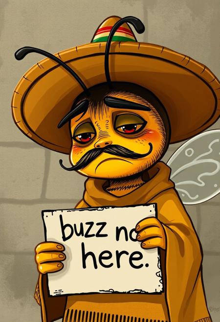 (((Pixar art style)))
Sad Mexican bee, wearing a sombrero and poncho, with a mexican style mustache, homeless, (((holding sign that says "buzz no here")))