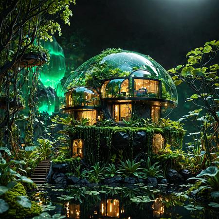Inspired By tolkien, neon modern transparent hobbit house floating island, amazing quality, masterpiece, best quality, hyper detailed, ultra detailed, UHD, dof, hyper-realism, majestic, awesome, inspiring, a small floating Island: Capture the breathtaking expanse of an immense floating island adorned with transparent translucent Glass foliage, its vines cascading down to the ground below. Rising majestically from the lush glass jungle that envelops an enchanted translucent green round design plastic mansion Adorned with a large Observation Installation. A translucent Fantasy prison designed By franco fontana, transcending into the black ethereal clouds. Infront of a colorful mystical translucent black eerie Galaxy nebula, cinematic composition, soft shadows, national geographic style, cozy light, cinematic lighting, volumetric lighting, Film grain, cinematic film still, shallow depth of field, highly detailed
