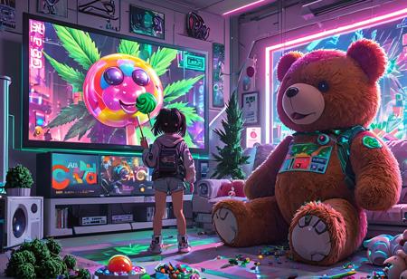 An anime style image of a child getting crazily super excitied about an add on television.  The ad is fo a giant cannabis lollypop and is presented by a very cool teddybear. The image has a colorful cyberpunk scifi aesthetic. Award winning anime art.