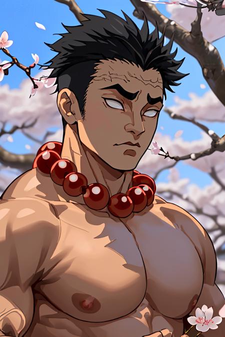 Gyomei Mature Male Black Hair (no eyes, white pupils, white eyes, blind) red Buddha beads around neck black and white Demon Slayer uniform Olive Green Haori/ Happi horizontal scar on forehead