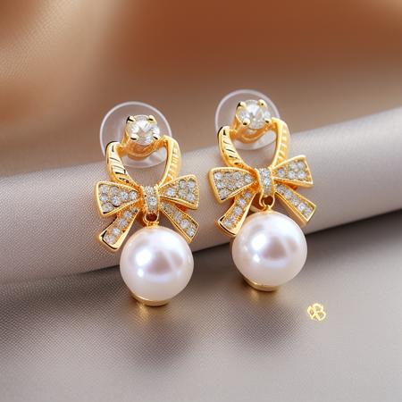 masterpiece, best quality, highres, simple background,
zzeh, pearl earrings with diamonds, soft silk, gold-plated pearl earrings, diamond \(gemstone\), gold trim, gold bow, hollow out earrings
,
 <lora:zzehv1-000009:1>