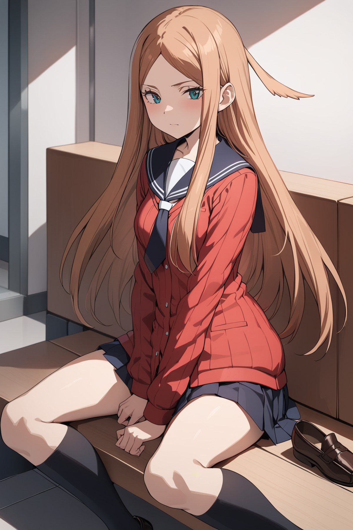 <lora:konami_AnimagineXLV3-000025:0.8>1girl,  solo, konami,sailor collar, school uniform, red cardigan,pleated skirt, blac...