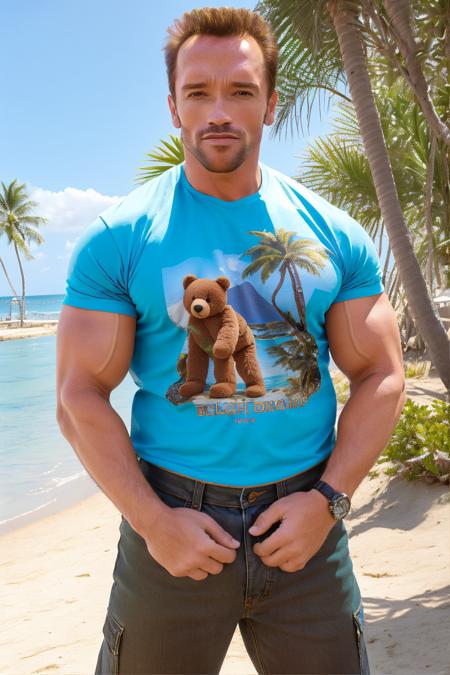 image of slim 1boy arnie_soldier, "wearing shirt with teddy bear print, bleached jeans", beach with palm trees in background, zoomed out <lora:Delorean-Arnie>