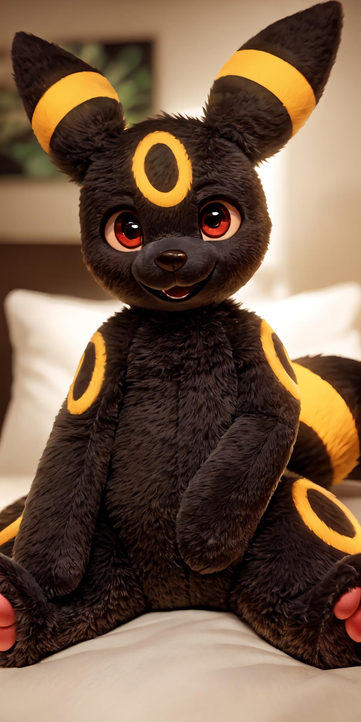 A black and yellow stuffed animal sitting on a bed.