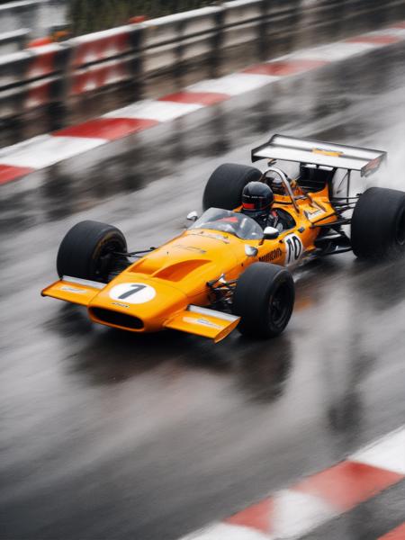 photo of mclaren, from above, driving on a race track, rainy weather, white water dust, 8k uhd, high quality, motion blur, depth blur, cinematic, filmic image 4k, vibrant color, riflessions