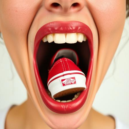 woman with her mouth open. there is a size 6 women's sneaker inside her mouth, sneaker toe inside, sneaker heel showing
(((red-canvas-women's-Vans-sneaker))),