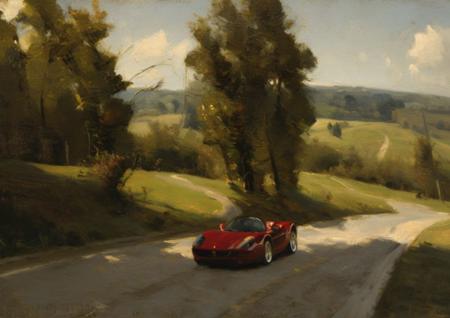 painting of a red Ferrari 1995, by classipeint, driving down an asphalt paved road in spring, long winding road at the edge of a broad landscape of hills and trees and wildflowers, extremely detailed, long shadows