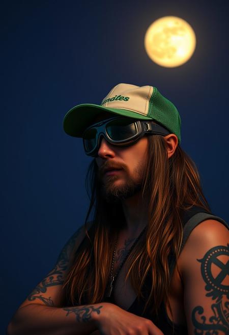 cardboard "Out of buzz right now—could really use your help to get back on track. Thanks!" by side a vagabond, intoxicated, drunk. Goggles john lennon style, long hairs, tattoo. green trucker cap. dark halley light only from the full moon in bkg
