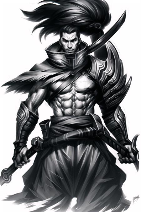 highly detailed, beautiful, small details, ultra detailed, best quality, digital illustration, detailed, intricate, 4k, good anatomy, intricate details, masterpiece, (illustration:1.1), highres, masterpiece, detailed shadows, amazing detail, yasuo, league of legends, yasuo_(league_of_legends), weapon, monochrome, 1boy, solo, male focus, sword, greyscale, ponytail, long hair, manly, holding, scar, upper body