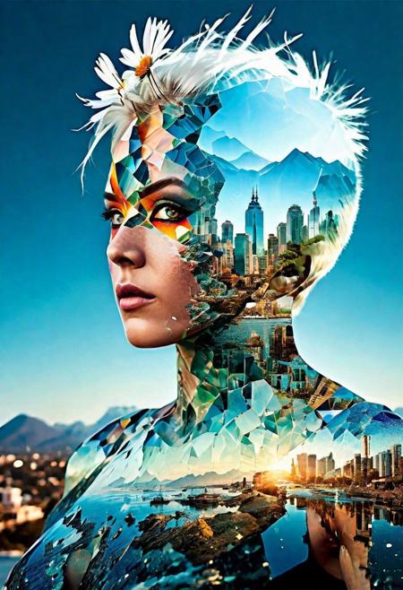 anime, Futuristic utopia, Aether, Nebula, Verdant, Canvas, Spontaneous Human Combustion, Voyage, Lovely, Grateful, (Double exposure:1.3) photo of a noble lady made of mosaic of iridescent crystal glass with sub scattering mirror surface imposing onto transparent tree hollow trunk in living brocade underbust dress made out of flowers, bokeh sky by Peter Gric, Conrad Roset, Brandon Kidwell, Andreas Lie, Dan Mountford, Dan Witz, Agnes Cecile, Jeremy Mann, fine art, super dramatic moonshine, silhouette photo illustration, amazing depth, intricate detailed fine cracked surface, stunning atmosphere, mesmerizing whimsical vibrant scenery, black humanoid made of diamonds, upper body, bare-chested, male, ((masterpiece, best quality)), ultra detail, glass skin, white electricity coming through cracks, muscular male, (dragonborn:0.6), 8k Glitch art of a Nautical Woman, at Cityscape, split diopter, Weirdcore, white hair, outdoors, detailed background, (Anime Rage pose), (Cracked Skin:1.4), anime style, realistic, p