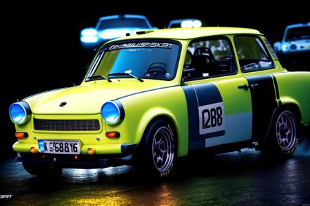 masterpiece,best quality,official art,extremely detailed CG unity 8k wallpaper,illustration, ((TUNED RALLY car)), bright, sports car, vehicle focus, road, ((need for speed)),((NFS)), moving, wet, (((NIGHT))),neon lights,drift,  <lora:TRABANT:0.8>, (TRABANT)