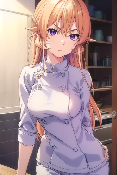 erinanakiri, <lora:erina nakiri s1-lora-nochekaiser:1>,
erina nakiri, long hair, orange hair, (purple eyes:1.1), hair between eyes, frown, angry,
BREAK pants, white pants, chef, long sleeves, sleeves rolled up,
BREAK indoors, kitchen,
BREAK looking at viewer, (cowboy shot:1.5),
BREAK <lyco:GoodHands-beta2:1>, (masterpiece:1.2), best quality, high resolution, unity 8k wallpaper, (illustration:0.8), (beautiful detailed eyes:1.6), extremely detailed face, perfect lighting, extremely detailed CG, (perfect hands, perfect anatomy),