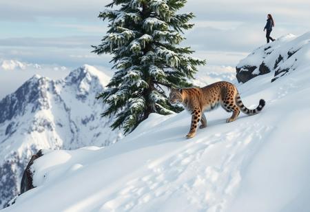 A majestic snow leopard ascends a rugged, snow-capped mountain, its fur blending seamlessly with the surrounding landscape. The cat's paws leave gentle prints in the fresh powder as it approaches a towering evergreen, its branches adorned with delicate, crystalline rime ice formations. In the distance, a woman stands at the mountain's edge, her figure tiny against the vast snowy expanse.