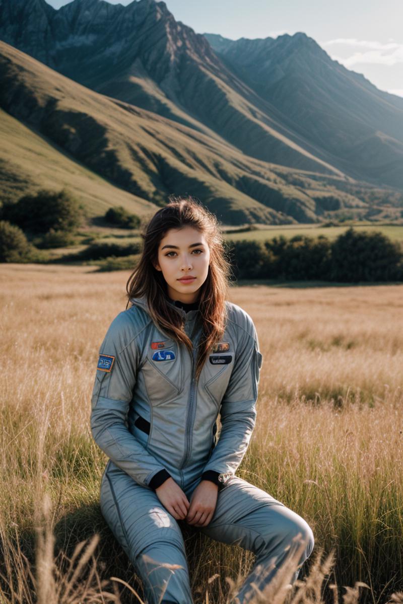 A woman wearing a silver space suit sitting in a field of tall grass.