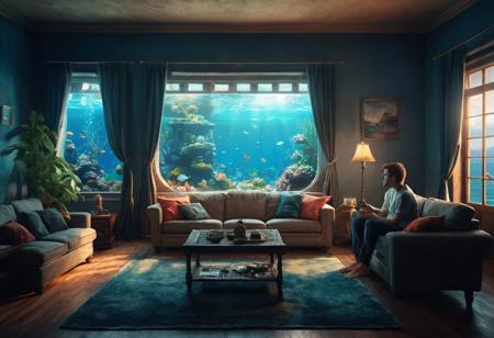 in a living room, with aquarium windows on the wall showing the ocean, fish, coral, shipwrecks, a man on a sofa in the living room looks at the environment video game, cat sleeping on a sofa, concept art futuristic, candlelight, complex picture cinematic post-processing intricate scenery