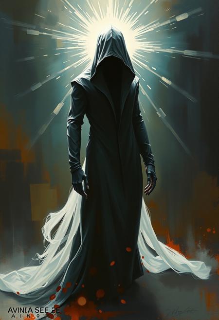 A painting portraying a sleek, enigmatic figure radiating a light aura and mystical feeling, with intense dramatic lighting, high contrast, and an ethereal spiritual vibe. The style is reminiscent of a masterfully crafted painting, conveying astonishment through rapidity and concealment.