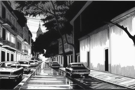 eternauta, a street in buenos aires, 1980, dark night, comic strip, silluete, black and white, left to right manga, monochrome <lora:Eternauta_IA_LoRA_sd15_v1.1:1>