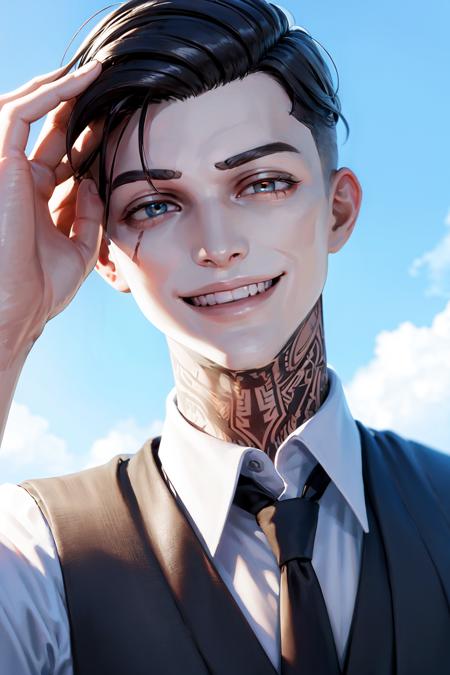 (a man looking cute) (portrait), sky in background, big smile, laughing, high detail skin, high detail eyes, high detail hair, highres, ultra detailed:1.2, detailed pores, imperfect skin:1.2, detailed reflective shiny skin, diffused skin pores,sharpen picture, Highly detailed, masterpiece, best quality <lora:MidasLoRA:0.7> midas, with, tattoos, scar, and, vest, tie, ((right eye missing white))