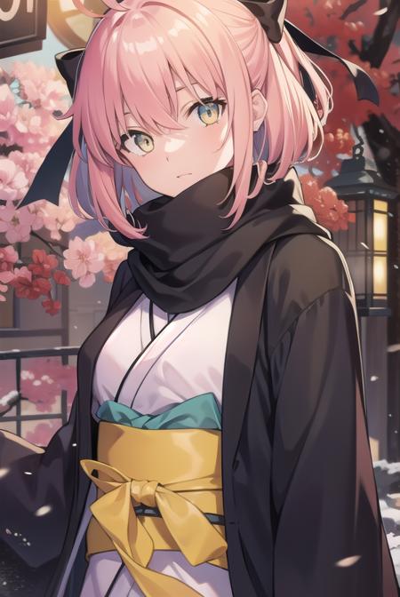 okitasouji, <lora:okitasoujitest:1>, okita souji, ahoge, black bow, pink hair, hair between eyes, hair bow, short hair, (yellow eyes:1.5),
BREAK japanese clothes, kimono, sash, scarf,,
BREAK outdoors, city,
BREAK looking at viewer,
BREAK <lora:GoodHands-vanilla:1>, (masterpiece:1.2), best quality, high resolution, unity 8k wallpaper, (illustration:0.8), (beautiful detailed eyes:1.6), extremely detailed face, perfect lighting, extremely detailed CG, (perfect hands, perfect anatomy),