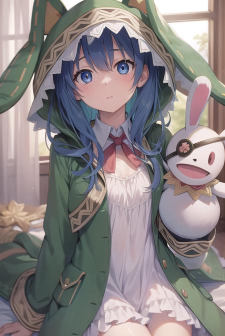 yoshino, blue eyes, blue hair, long hair, animal ears, animal hood, boots, coat, eyepatch, green footwear, hand puppet, hood, puppet, rabbit, rabbit ears, stuffed animal, stuffed toy,