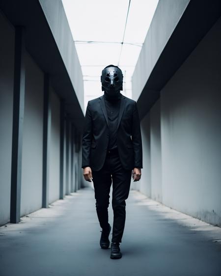 a man in a black jacket and a mask walks through a tunnel , solo, short hair, black hair, long sleeves, 1boy, standing, jacket, male focus, shoes, pants, indoors, black jacket, mask, black pants, white footwear, sneakers, walking, blue theme, mouth mask