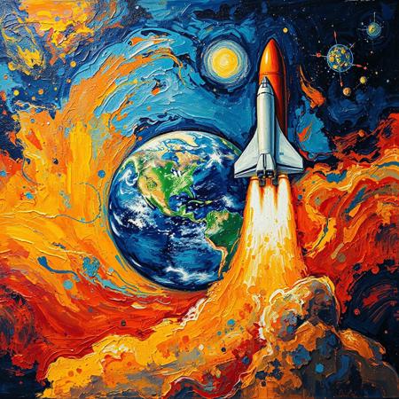Abstract painting of a space shuttle launching from Earth.  Dynamic, expressive impasto technique with thick, visible brushstrokes.  The Earth is depicted as a vibrant sphere, showcasing its continents and oceans in swirling blues, greens, and browns.  The Earth is engulfed in a swirling mixture of vibrant colors (yellows, oranges, blues, reds), evoking a vibrant, energetic cosmic event.  The space shuttle is rendered in a lighter color palette, with prominent details of its structure.  Thick brushstrokes create an impressionistic effect, resembling the style of Vincent van Gogh's Starry Night.  The shuttle is launching powerfully, with fiery orange and yellow trails of exhaust creating a dynamic composition. The vibrant colors in the background illustrate a starlit night sky, with visible stars and nebulae. Strong contrast between warm colors of the sun and rocket exhaust and cooler colors of the earth and space. The perspective is looking down at the Earth as the rocket ascends.  High-energy, cosmic, expressive, and dynamic vibe.  Impasto technique,  Expressionism,  Starry Night style.