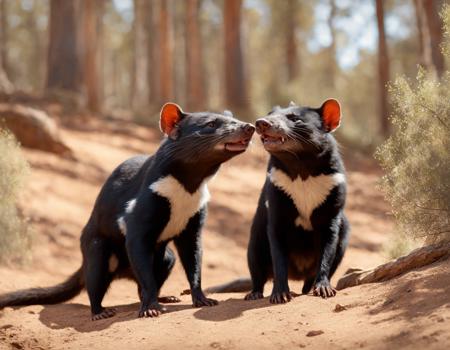 cartoon realistic duo tasmanian devil playing, sunny day, noon, tasmanian outdoors, outback in the style of Vasily Vereshchagin Style, extremely detailed, beautiful, intricate, elegant, digital painting, artstation, concept art, matte, smooth, sharp focus, illustration, art by Artgerm and Greg Rutkowski and Alphonse Mucha