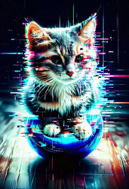 Ultrarealistic. sharp focus, dynamic lighting. play of light, reflection, refraction, Raytracing, Ultra detailed. A cute kitten made of glitch on top of a ball, glitch style, digital, flickering