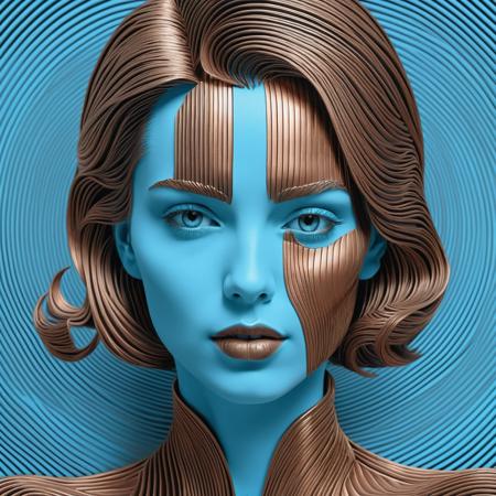 doodle art 3D, in the style of pop art-inspired portraits, interference patterns, light sky-blue and bronze, realistic hyper-detail, engraved line-work, graphic novel, face of a woman