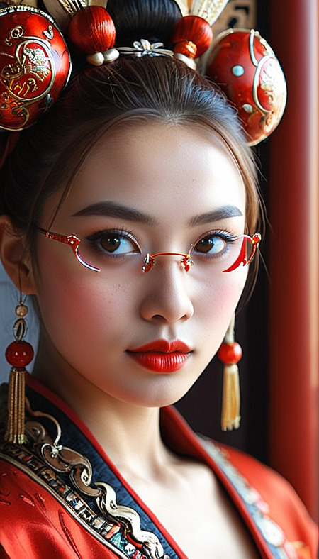 Close-up gorgeous Maori tribe girl face , sexy, hot, cute, (bangs:1.1), freckles, light tan, striking red large eyes, aligned eyes, mirror eyes, (half smile:1.1),
(wearing very detailed Venetian Mask:1.1), small tender chin, ginger hair,(double bun hair), round red glasses, red Traditional Chinese Clothing,
BREAK,
very long lashes, trendy portrait,
tender Aesthetic nose, ears, puffy lips, sensual lips, detailed texture, detailed eyes, detailed skin, clean skin, red Traditional Chinese Clothing,
<lora:Someplastic_b:1>, (ultra sharp focus:1.8), (detailed skin:1.8), (thin lines:1.8), (best quality:1.8),
<lora:Apparatus_-_Traction_City_Walkers_Vehicles:0.7>,
<lora:add-detail-xl:0.7> (ultra sharp focus:1.8), (detailed skin:1.8), (thin lines:1.8), (best quality:1.8),
<lora:glowneon_xl_v1:0.7>