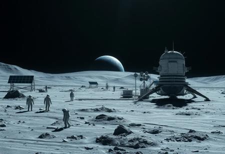 Ultra realism, high quality, high resolution 8K and above, stable and accurate focus, ultra correct anatomy, super detail. A lunar landscape with a space base located on the surface of the moon. The base is made up of multiple modules connected by tunnels and has large windows from where the Earth can be seen on the horizon. The Earth appears bright and blue in contrast to the gray and dusty surface of the Moon. In the foreground, astronauts in white spacesuits are seen performing scientific research and technical support. Large solar panels and communication antennas are located around the base.
Colors: Gray for the lunar surface, bright blue and white for the Earth, metallic colors for the base and equipment.
Objects: Space base, lunar surface, Earth, astronauts, solar panels, communication antennas.
Atmosphere: High-tech, futuristic, majestic.
Styles: Realistic, Sci-Fi.
Additional items: Moon dust, scientific instruments, space dust and particles, small exploration rovers.